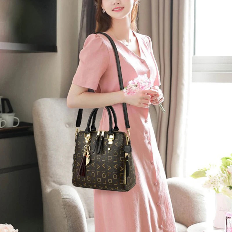 Luxury PU Leather English Letter Handbag - Elegant Tassel Top-Handle Shoulder Tote for Women