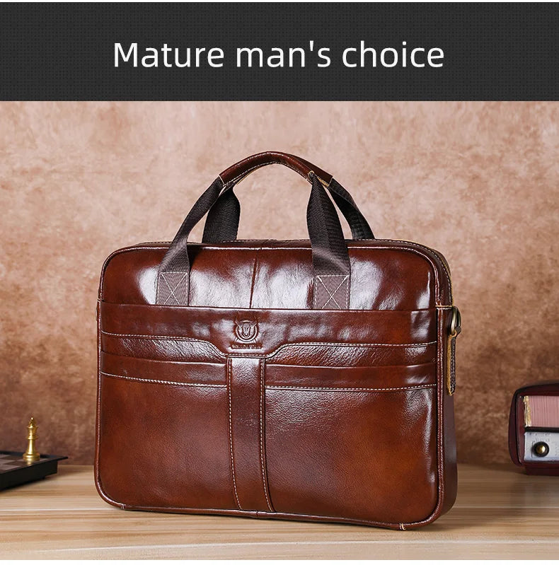 BULLCAPTAIN 15-Inch Top Layer Leather Laptop Bag - Premium Briefcase for Business and Travel