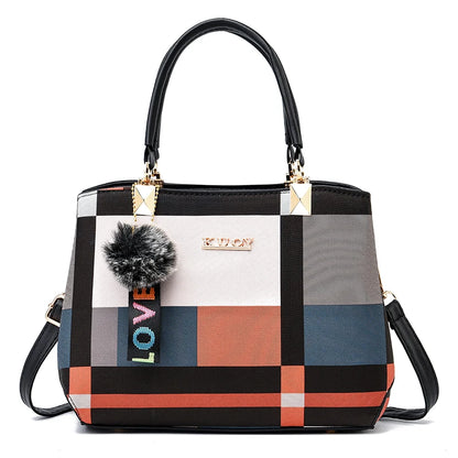 Sophisticated Women's Plaid Handbag with Pompom Charm Work Purse