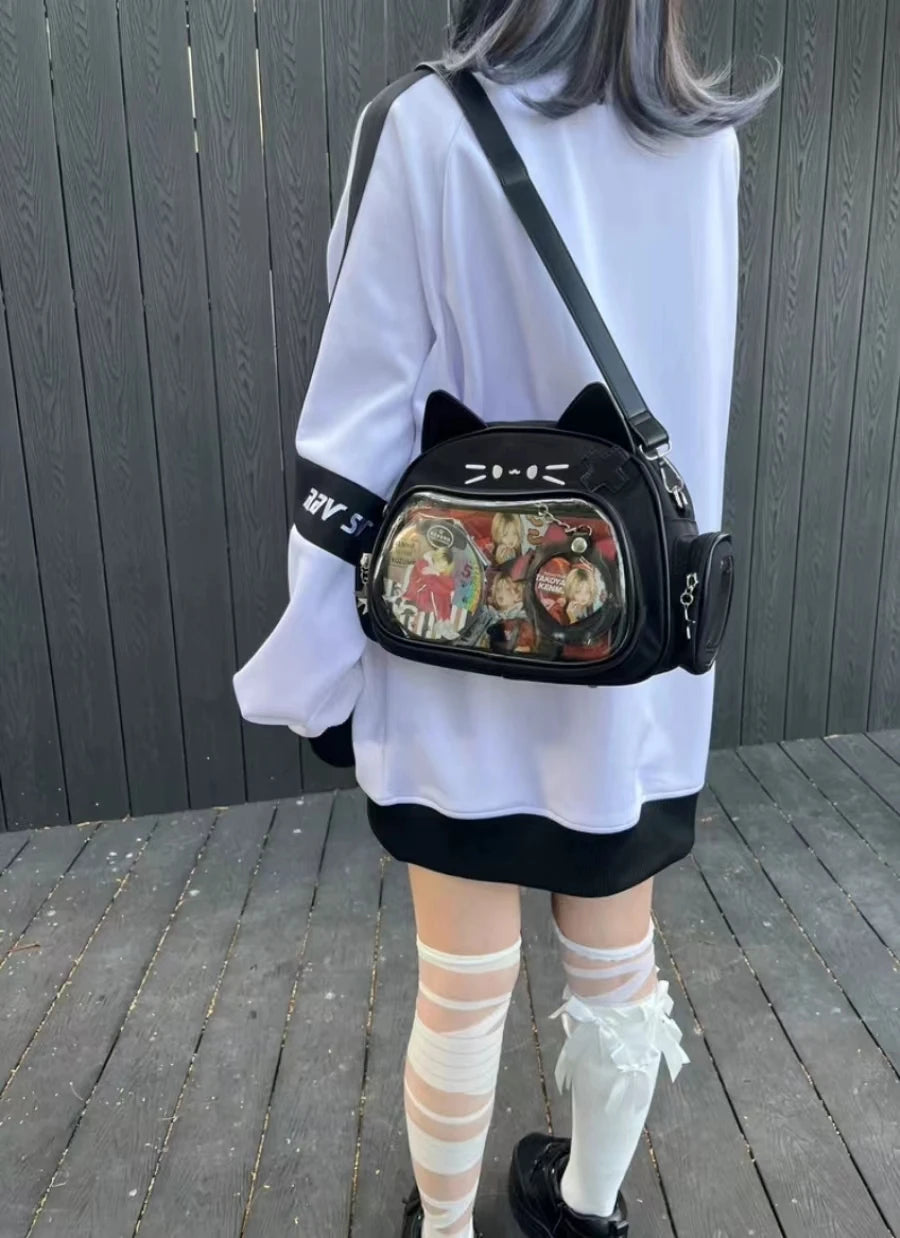 Stylish Korean Kawaii Cat Ita Harajuku Crossbody with Transparent Pocket for Girls