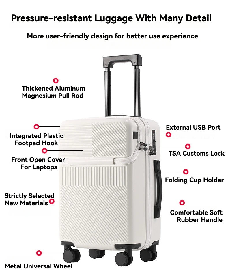 Durable Front Open Large Capacity USB Charging Luggage, Sizes 20/22/24/26