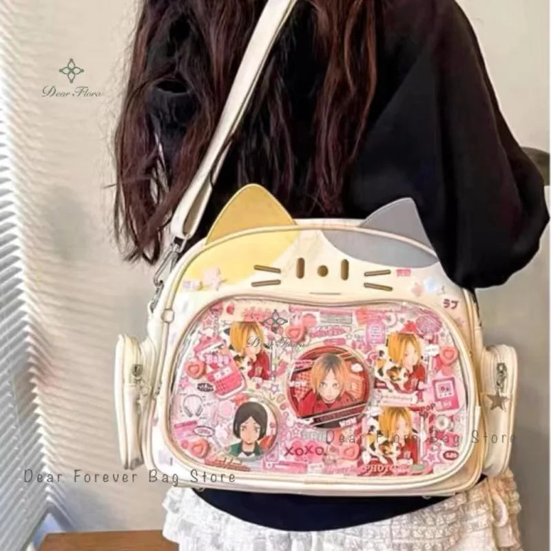 Stylish Korean Kawaii Cat Ita Harajuku Crossbody with Transparent Pocket for Girls