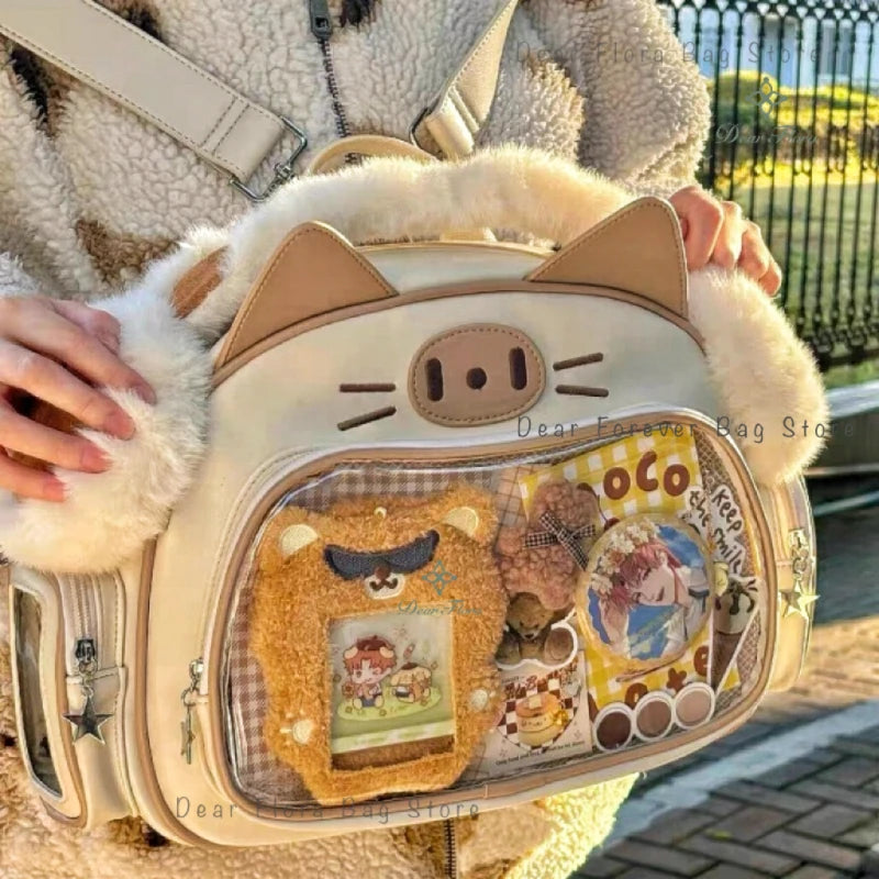 Stylish Korean Kawaii Cat Ita Harajuku Crossbody with Transparent Pocket for Girls