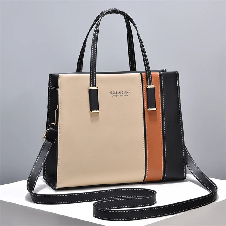 Elegant Large Capacity Patchwork Handbag with Adjustable Strap for Stylish Women