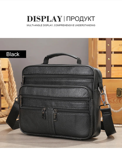 Sophisticated Genuine Black Cowhide Leather Business Messenger Bag for Men