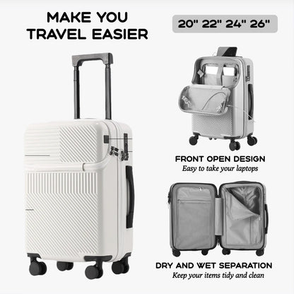 Durable Front Open Large Capacity USB Charging Luggage, Sizes 20/22/24/26