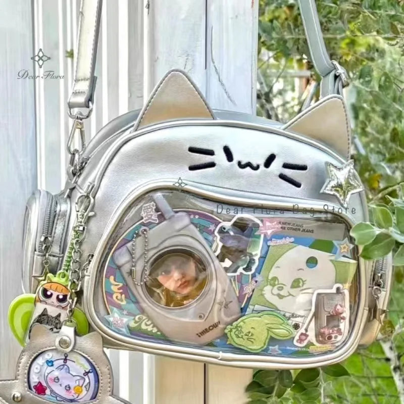 Stylish Korean Kawaii Cat Ita Harajuku Crossbody with Transparent Pocket for Girls