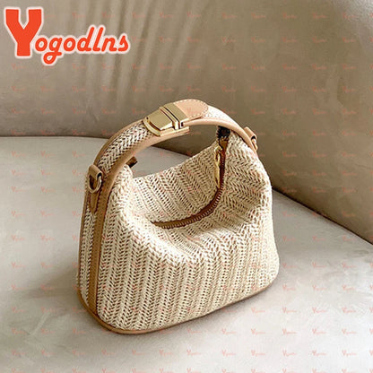 Trendy Woven Sun-Kissed Summer Straw Bucket Bag Ideal for Beach Days & Beyond