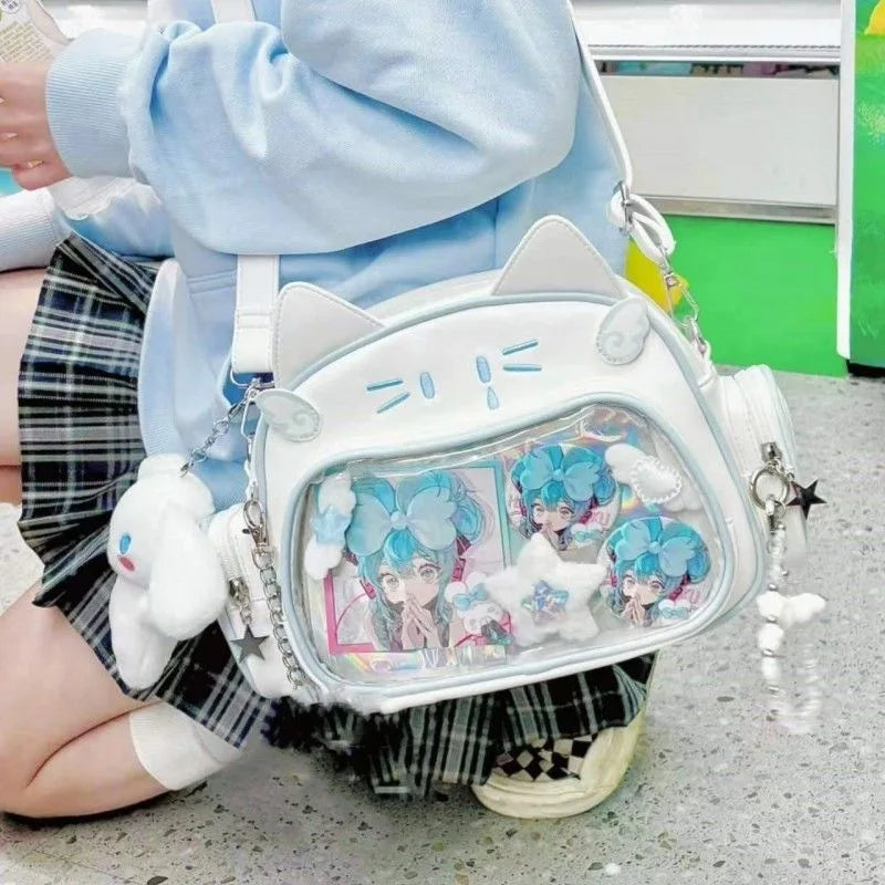 Stylish Korean Kawaii Cat Ita Harajuku Crossbody with Transparent Pocket for Girls