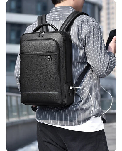 Sleek PU Leather Executive Backpack - Men's USB Charging Briefcase for Office, Travel, and Business