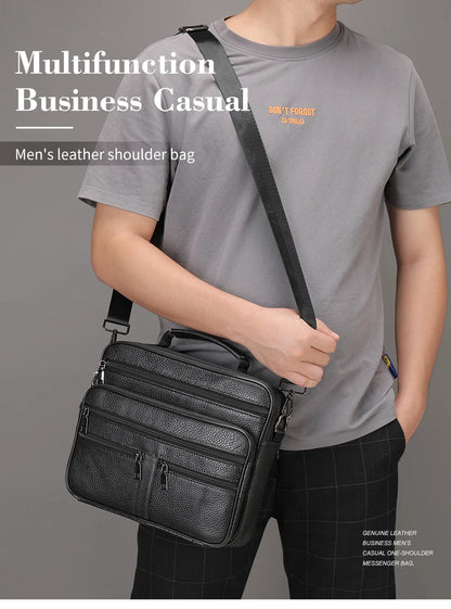 Sophisticated Genuine Black Cowhide Leather Business Messenger Bag for Men