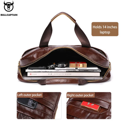 BULLCAPTAIN 15-Inch Top Layer Leather Laptop Bag - Premium Briefcase for Business and Travel