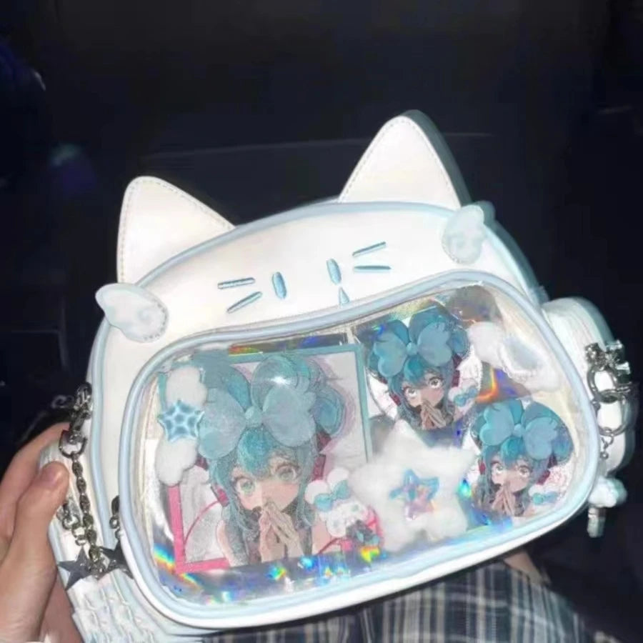 Stylish Korean Kawaii Cat Ita Harajuku Crossbody with Transparent Pocket for Girls