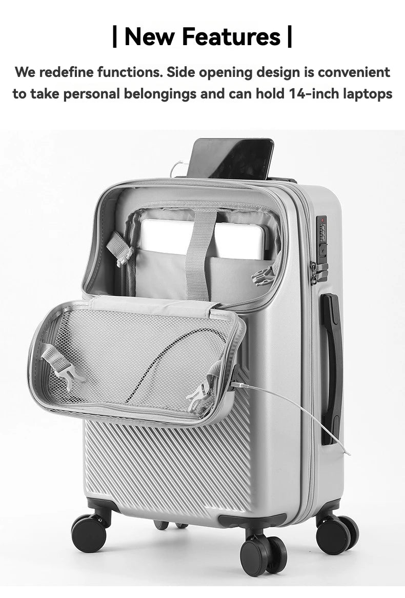 Durable Front Open Large Capacity USB Charging Luggage, Sizes 20/22/24/26