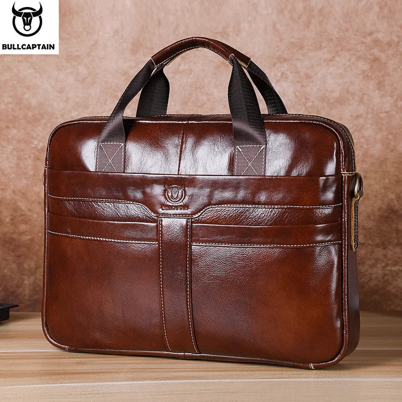 BULLCAPTAIN 15-Inch Top Layer Leather Laptop Bag - Premium Briefcase for Business and Travel