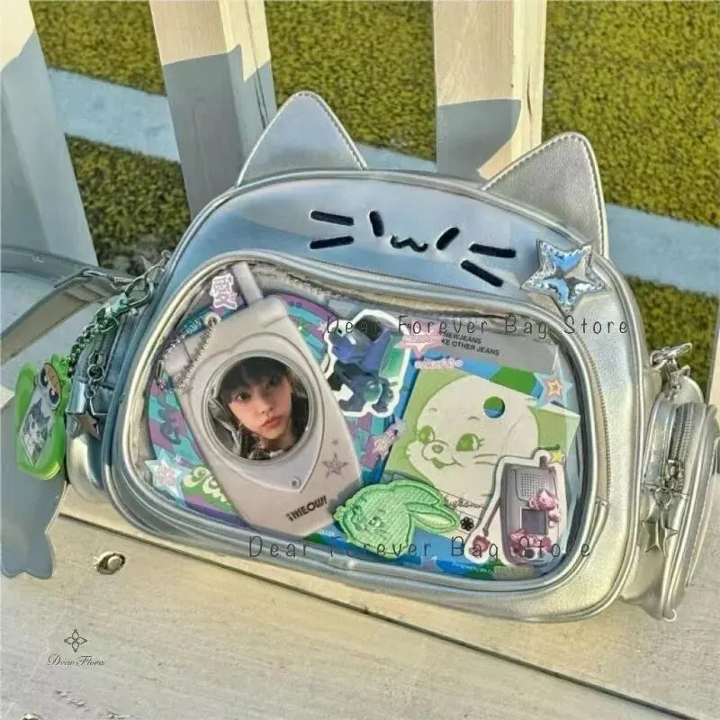 Stylish Korean Kawaii Cat Ita Harajuku Crossbody with Transparent Pocket for Girls