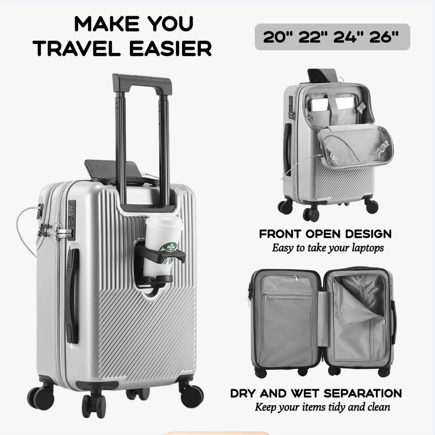 Premium Durable Open Luggage Set with TSA Lock, USB Charging, Silent Spinner Wheels, Sizes 20/22/24/26