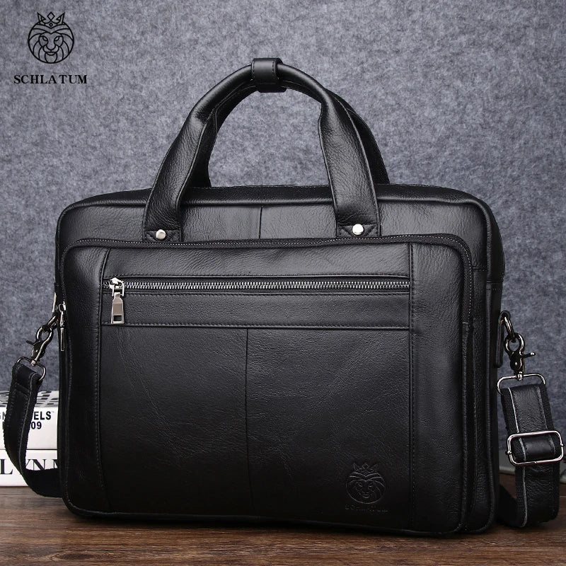 "SCHLATUM Luxury Men's Business Briefcase - Sleek 16" Genuine Leather Laptop & Office Bag