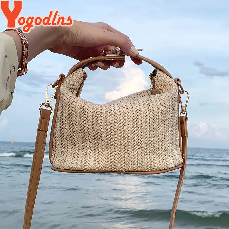 Trendy Woven Sun-Kissed Summer Straw Bucket Bag Ideal for Beach Days & Beyond