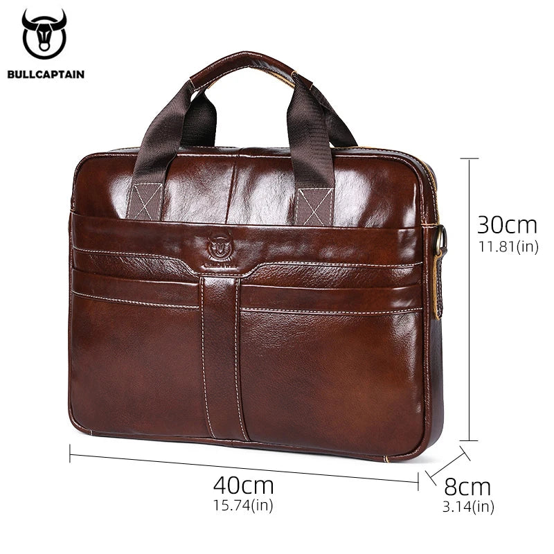 BULLCAPTAIN 15-Inch Top Layer Leather Laptop Bag - Premium Briefcase for Business and Travel